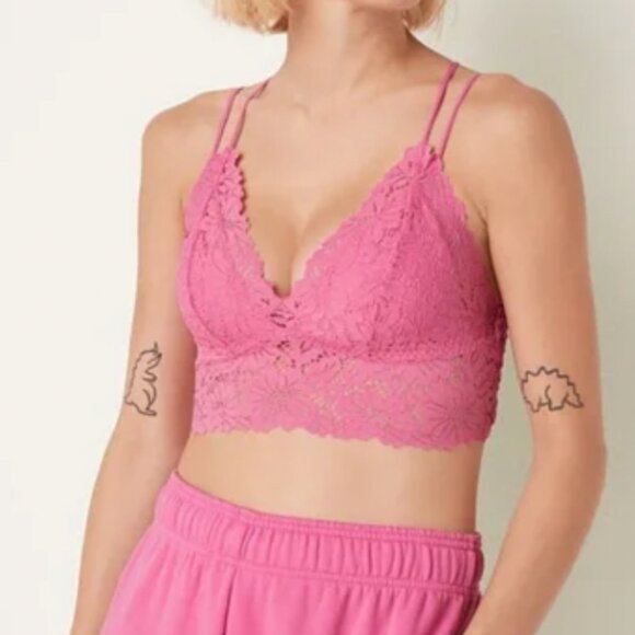 VICTORIA'S SECRET Bralette Size XL Hot Pink Lace Strappy Stretchy Smock Back - Picture 1 of 11